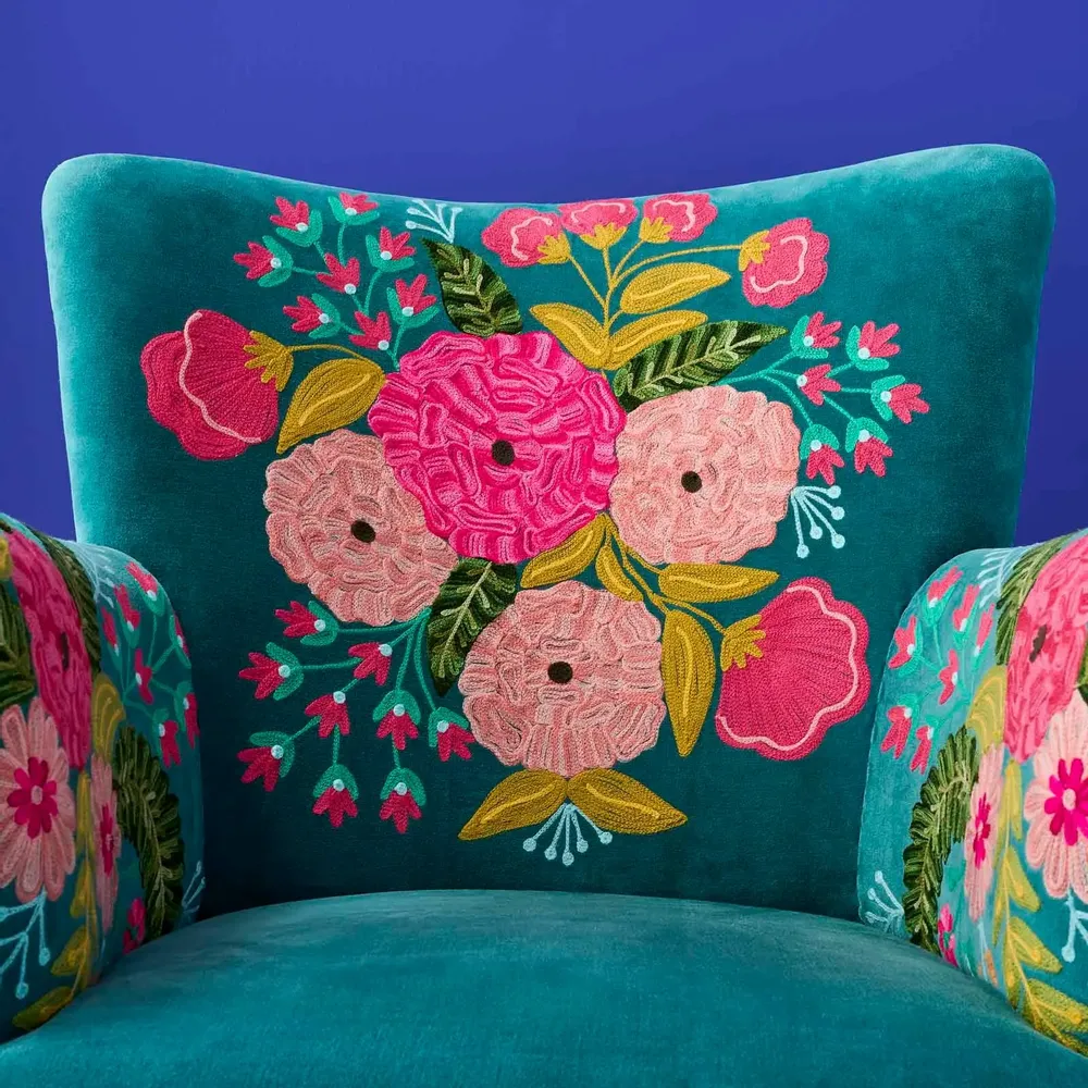 Fauteuils - Fauteuil en Velours avec Motif Floral Frida, Turquoise - WERNS