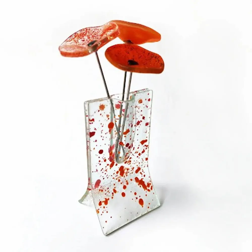 Vases - Petit vase tacheté de 8 x 13 cm avec 3 petites fleurs en rouge orangé - CARNEOL GLASS