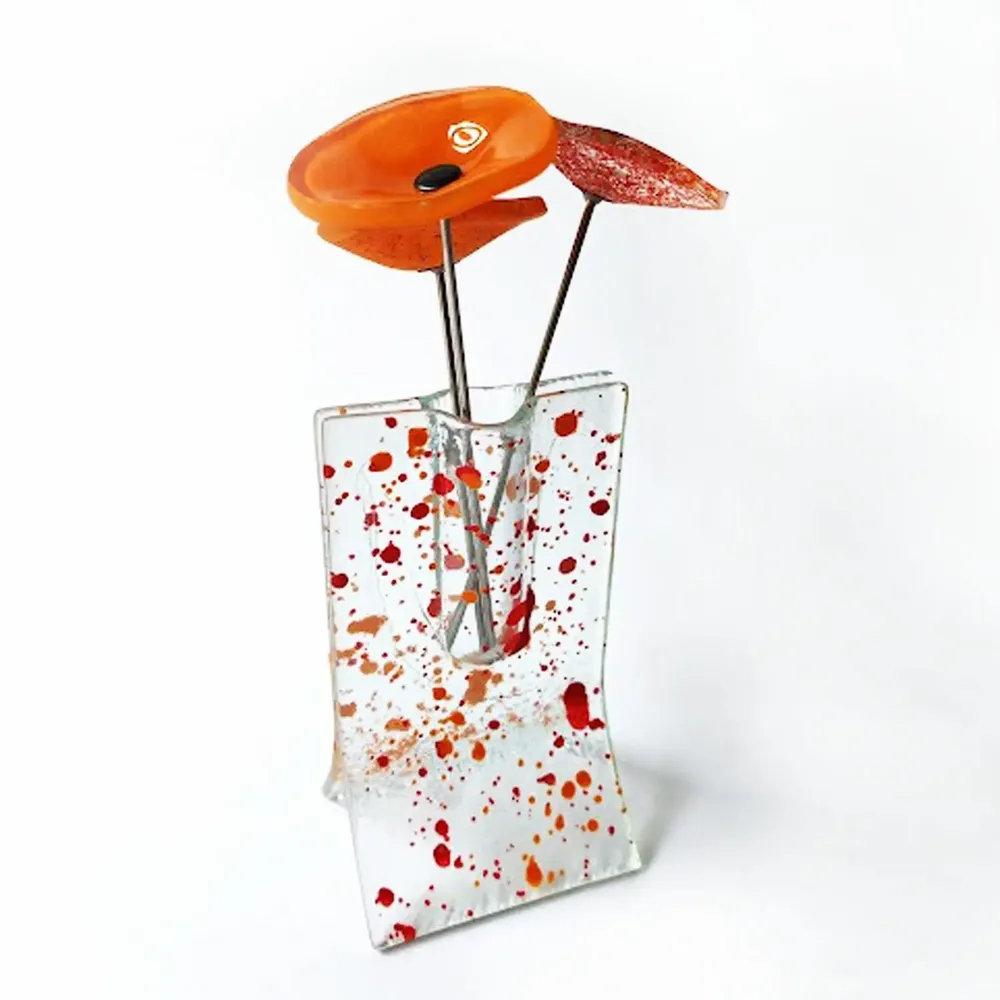 Vases - Petit vase tacheté de 8 x 13 cm avec 3 petites fleurs en rouge orangé - CARNEOL GLASS