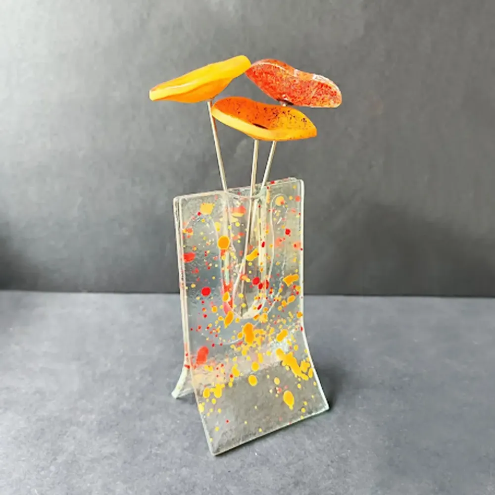 Vases - Petit vase tacheté de 8 x 13 cm avec 3 petites fleurs en rouge orangé - CARNEOL GLASS