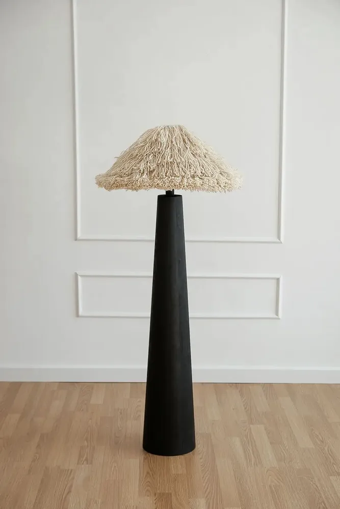 Floor lamps - Sazha Ivory Floor Lamp – Shou Sugi Ban Wood & Wool Shade - PLETOSTUDIO