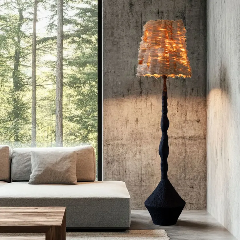 Lampadaires - Stozhar – Sculptural Floor Lamp with Raffia Shade & Biocomposite Base - PLETOSTUDIO