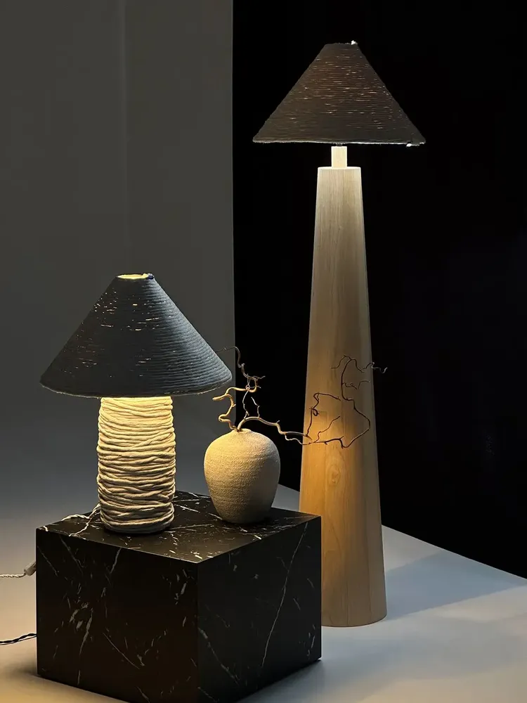 Floor lamps - Tokio Floor Lamp – Minimalist Maple Wood Base with Cotton Cord Shade - PLETOSTUDIO