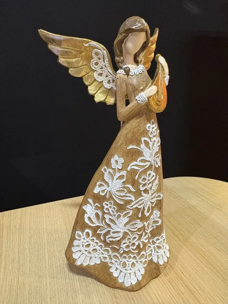 Crèches et santons - Figurine d’Ange de Noël — Motif Luth — Aspect Sculpté Rustique - BLUE STAR B.V.