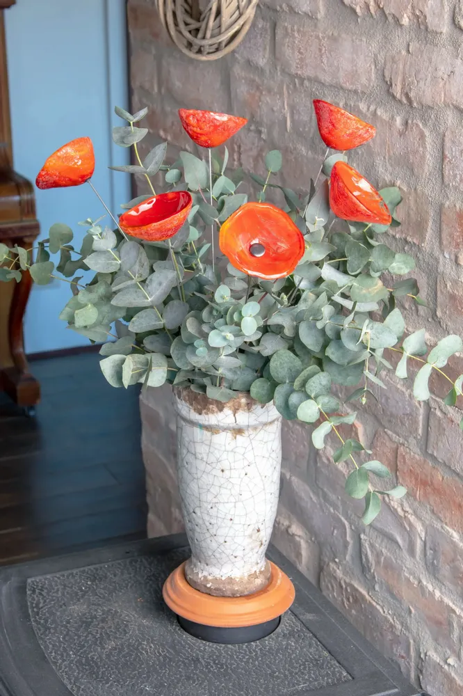 Décorations florales - Fleur de calebasse en verre de taille moyenne pour l'extérieur de couleur orange avec tige en acier inoxydable de 43 cm. - CARNEOL GLASS