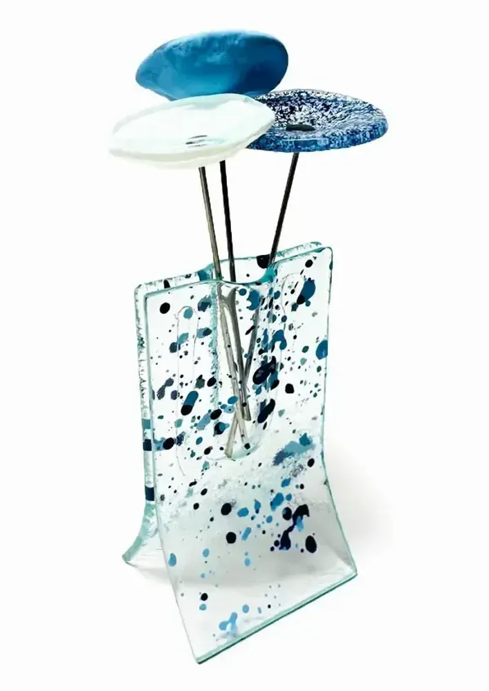 Vases - Petit vase transparent tacheté rouge-blanc-noir 8x13 cm avec 3 petites fleurs - CARNEOL GLASS