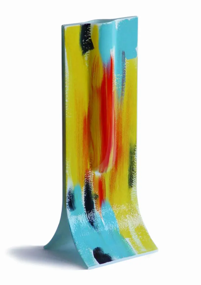 Vases - Amasonas blue-yellow-black painted vase in 14x36 cm size - CARNEOL GLASS