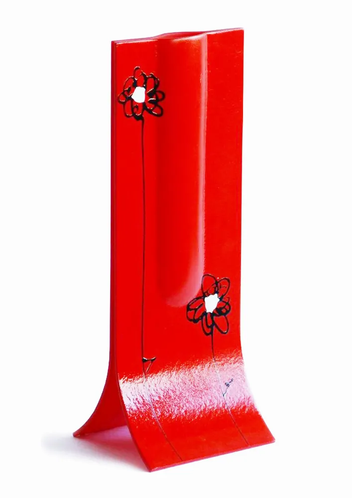 Vases - Red 14x36 cm vase with black-white daisy motive - CARNEOL GLASS
