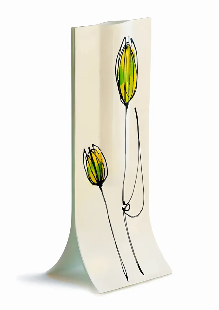 Vases - Vase avec base blanche, motif de tulipe vert-jaune au format 14x36 cm - CARNEOL GLASS