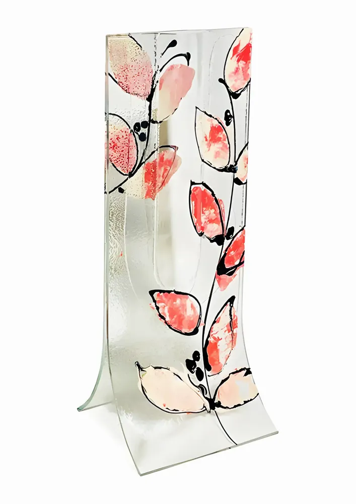 Vases - Vase à base transparente, motif de feuilles blanc saumon, format 14x36 cm - CARNEOL GLASS