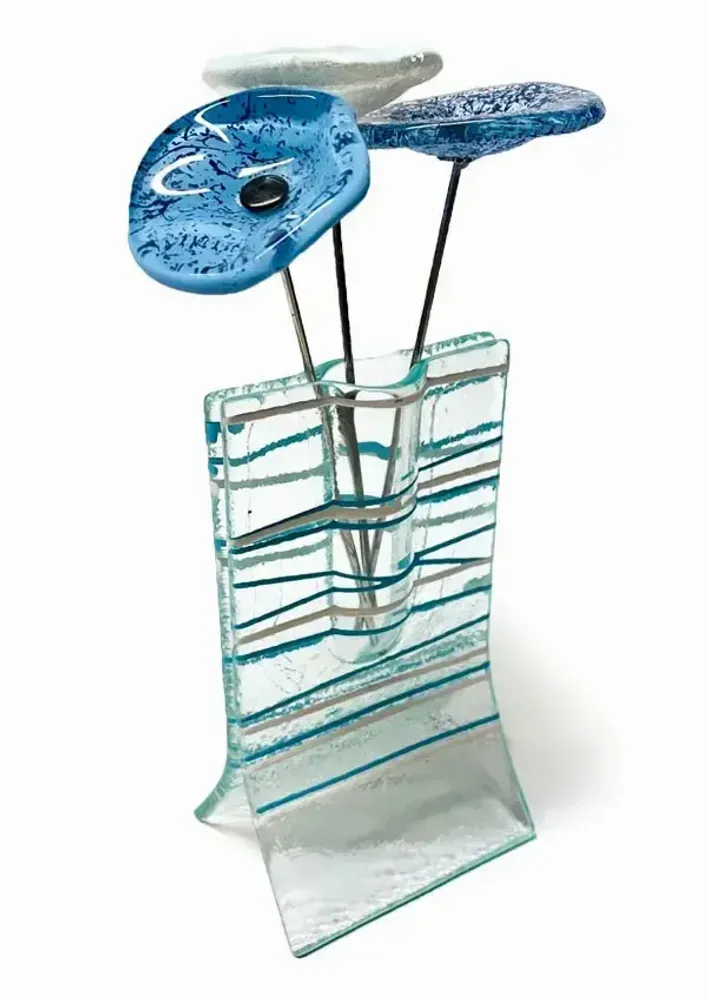 Vases - Petit vase transparent de 8x13 cm à rayures bleu-blanc clair et orné d - CARNEOL GLASS