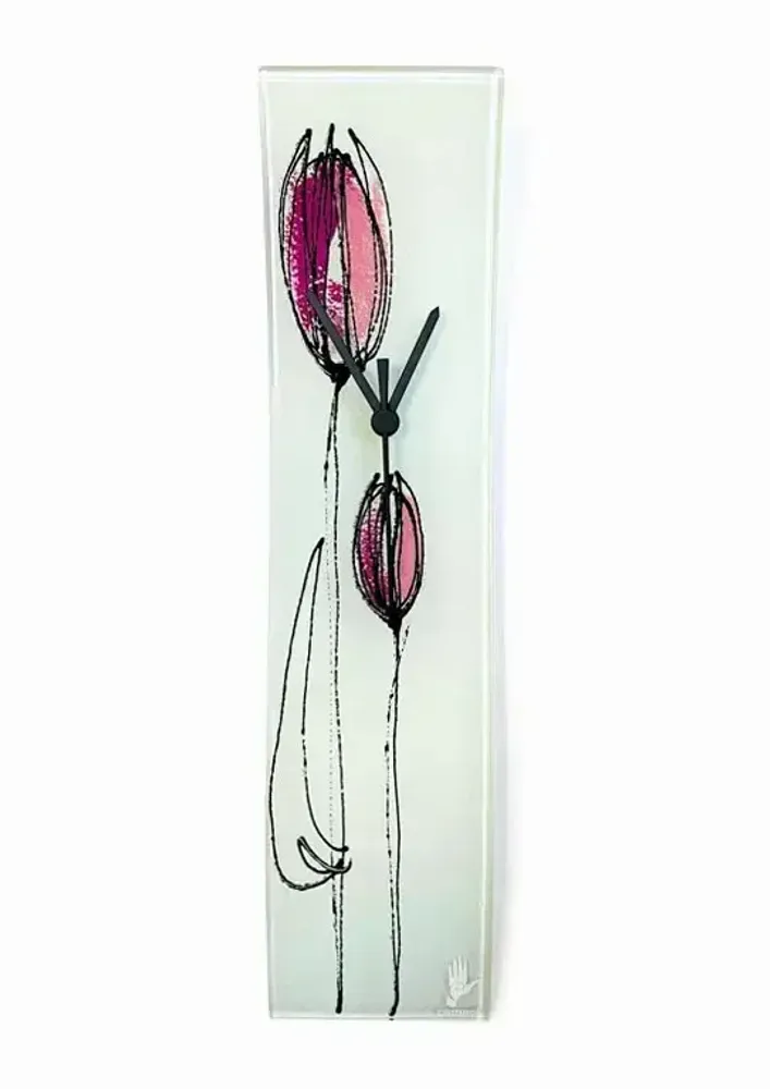 Clocks - Tulip wall clock with fuscia tulips 10x41 cm - CARNEOL GLASS