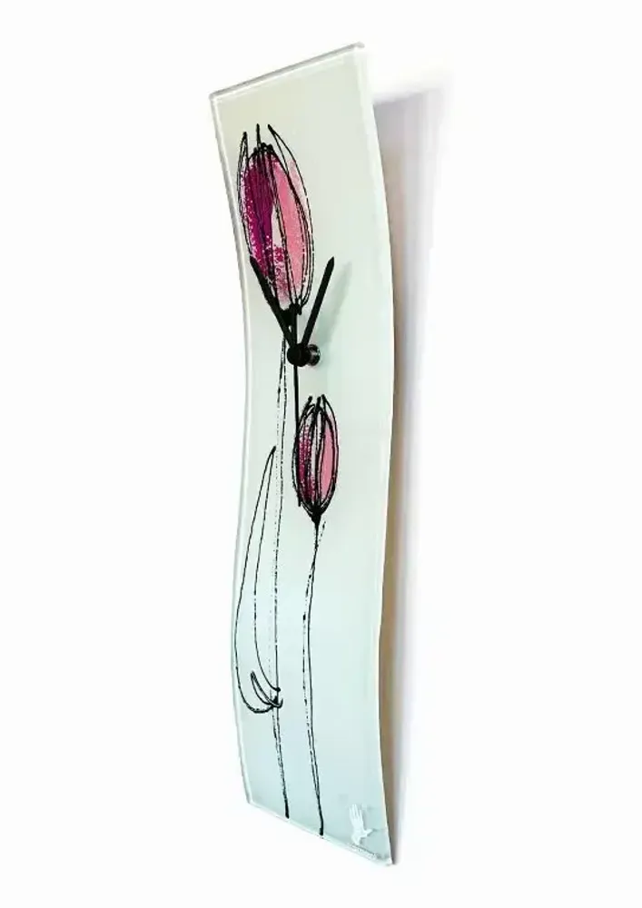 Clocks - Tulip wall clock with fuscia tulips 10x41 cm - CARNEOL GLASS