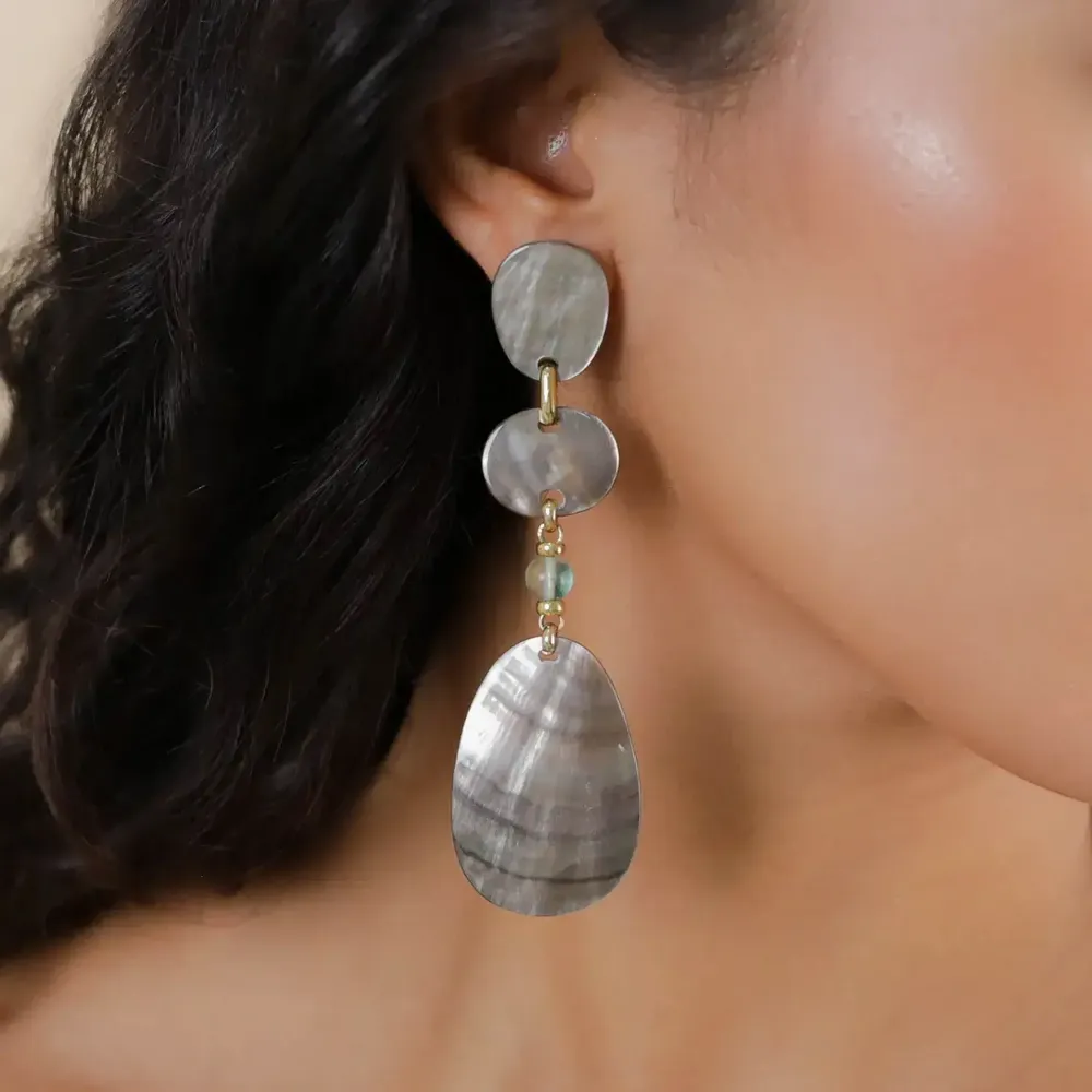 Jewelry - Long post earrings with 3 black lip elements - Fluorite - NATURE BIJOUX