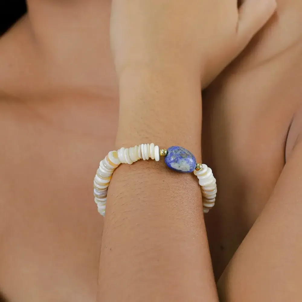 Bijoux - Bracelet extensible coquillage et lapis lazuli - Minerama - NATURE BIJOUX