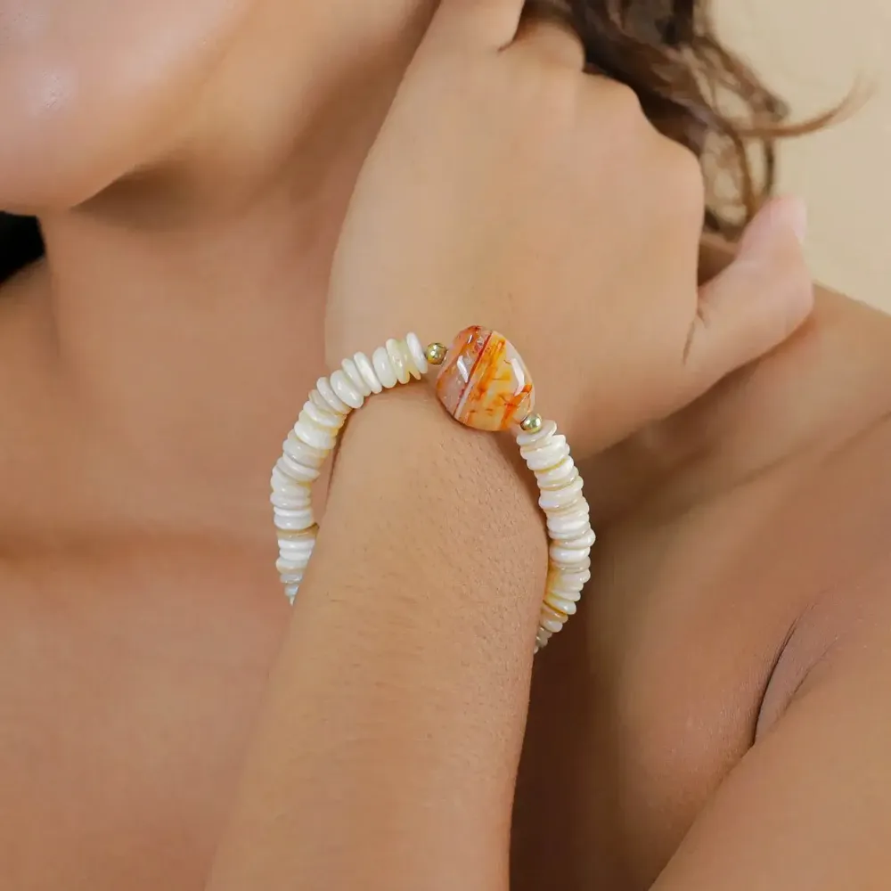 Bijoux - Bracelet extensible agate rouge et coquillage - Minerama - NATURE BIJOUX