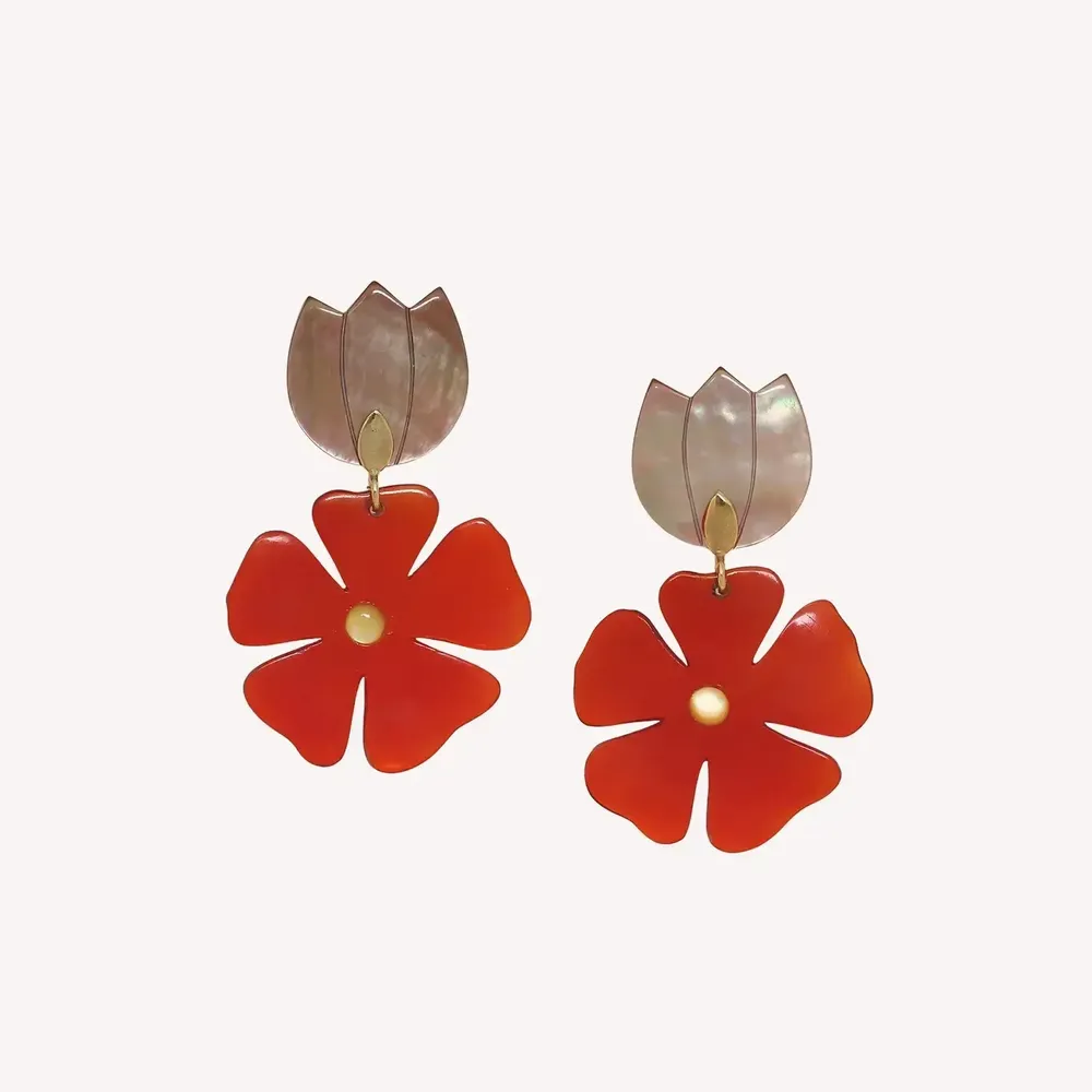 Bijoux - Boucles d'oreilles clips top nacre et fleur rouge - Son Jardin - NATURE BIJOUX