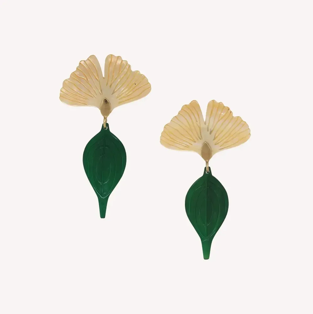 Jewelry - Post earrings with ginkgo top & leaf pendant - Son Jardin - NATURE BIJOUX