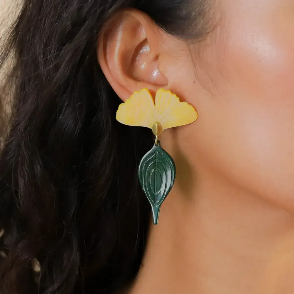 Jewelry - Post earrings with ginkgo top & leaf pendant - Son Jardin - NATURE BIJOUX