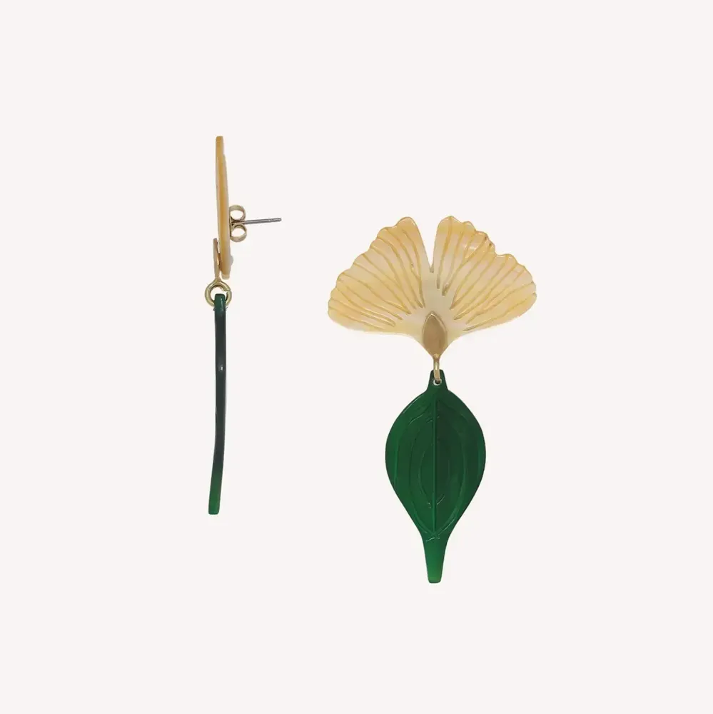 Jewelry - Post earrings with ginkgo top & leaf pendant - Son Jardin - NATURE BIJOUX