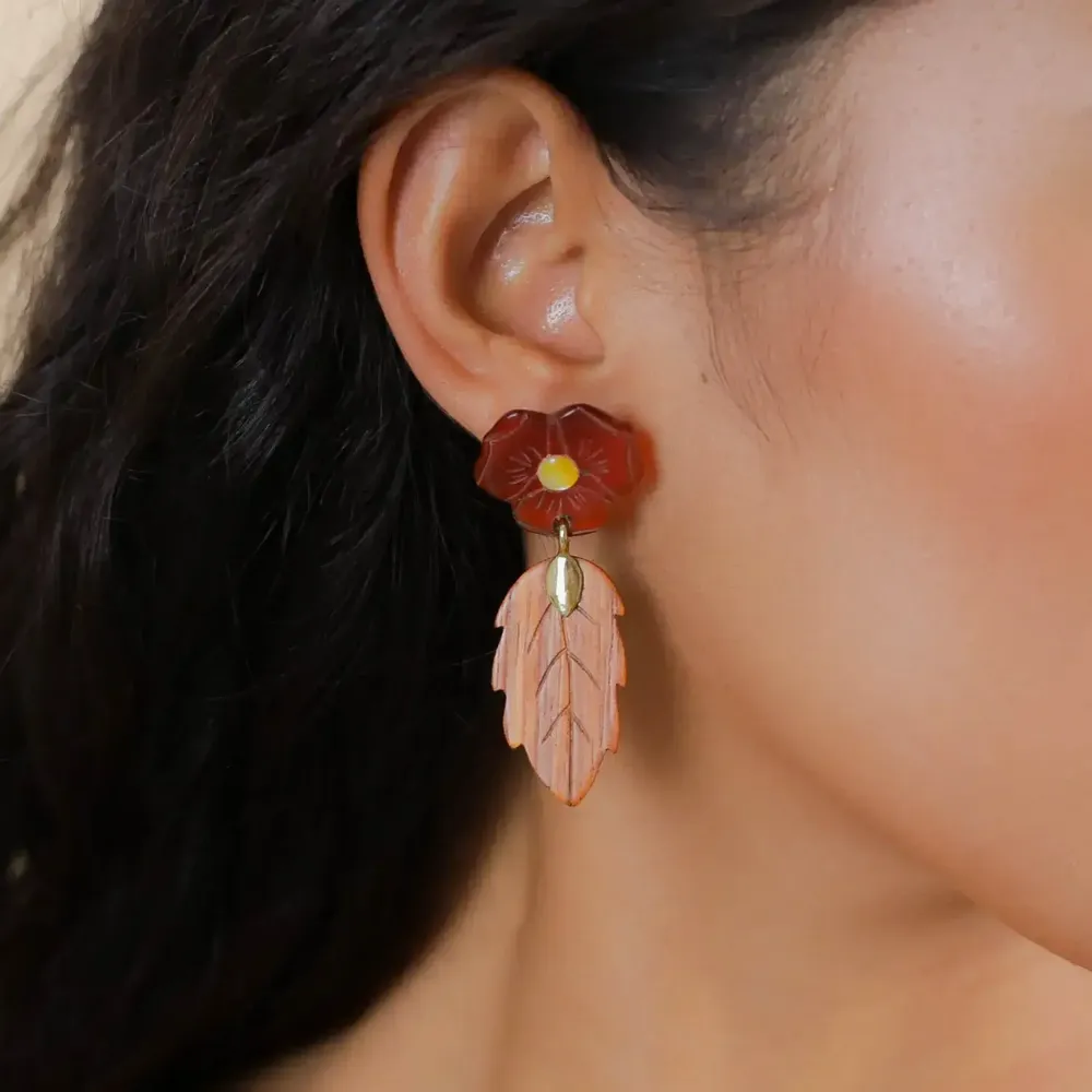 Jewelry - Post earrings with red flower top & wood leaf dangle - Son Jardin - NATURE BIJOUX