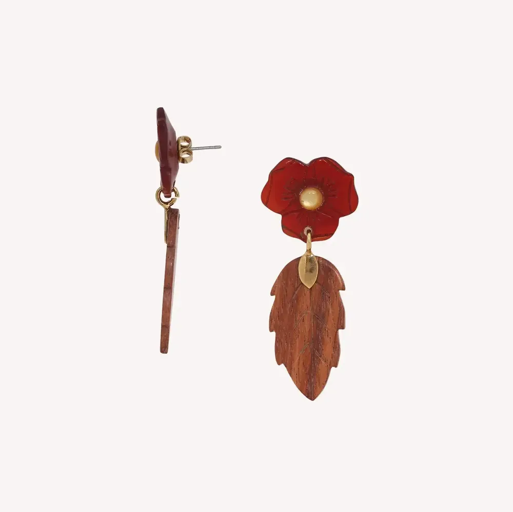 Jewelry - Post earrings with red flower top & wood leaf dangle - Son Jardin - NATURE BIJOUX