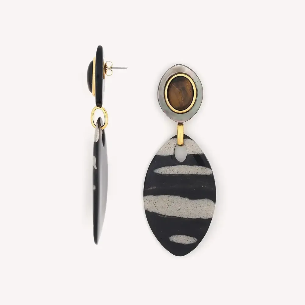 Jewelry - Post earrings with black lip & tiger eyes top - Zebra - NATURE BIJOUX
