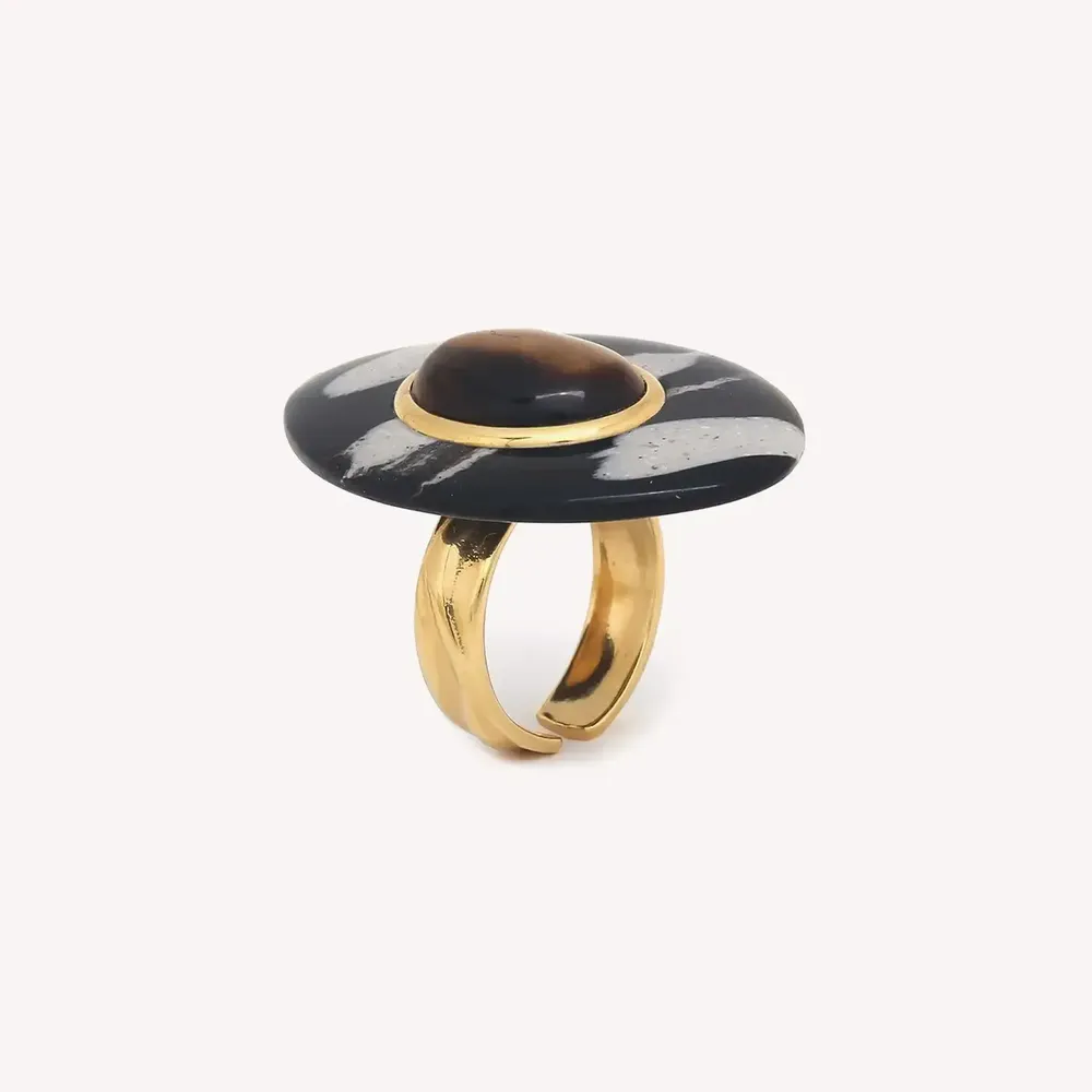 Jewelry - Oval black horn adjustable ring - Zebra - NATURE BIJOUX