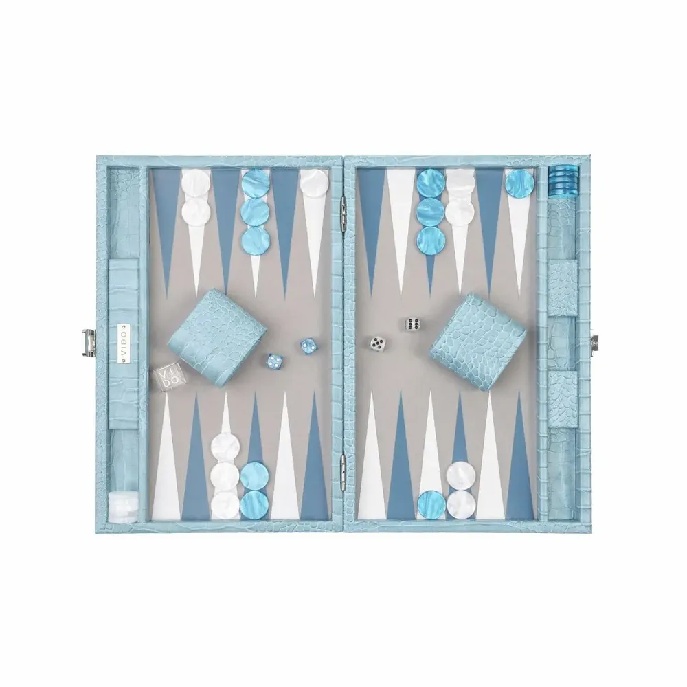 Objets de décoration - Jeu de Backgammon Bleu - Cuir Vegan Alligator - Medium - VIDO LUXURY BOARD GAMES