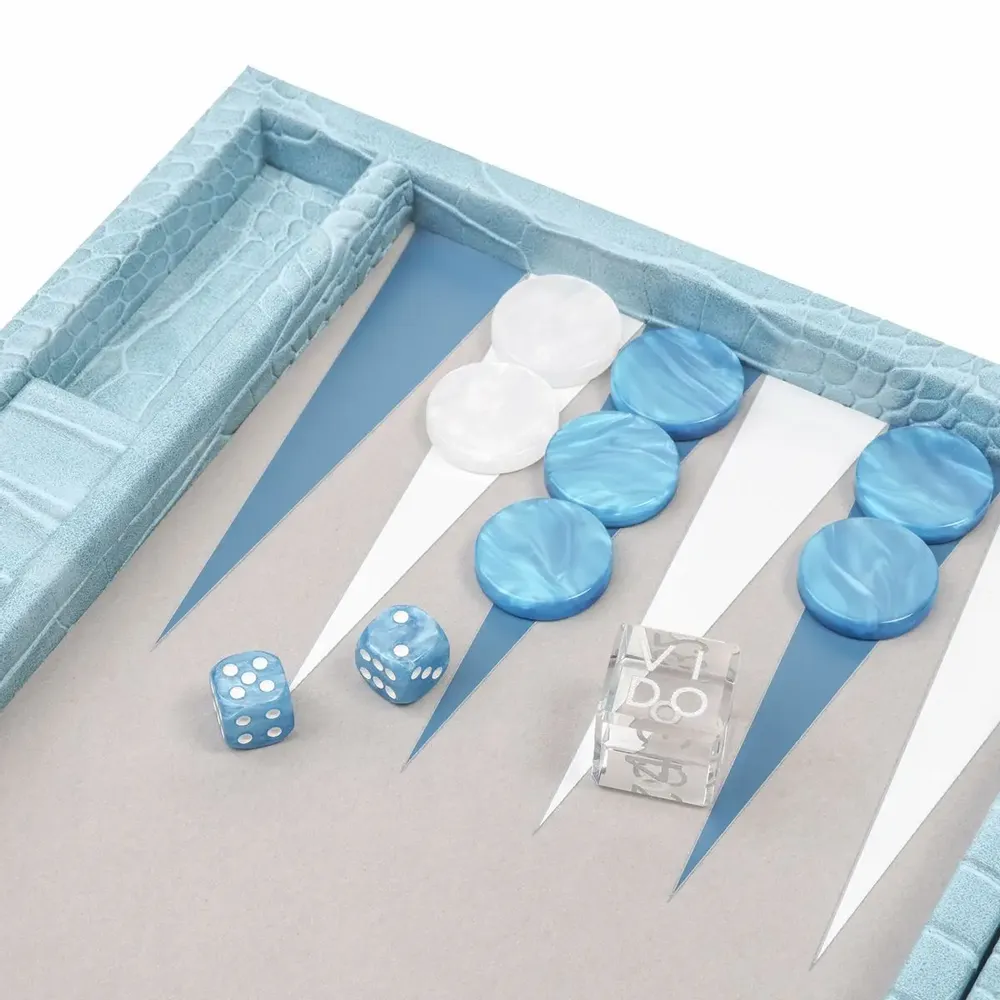 Objets de décoration - Jeu de Backgammon Bleu - Cuir Vegan Alligator - Medium - VIDO LUXURY BOARD GAMES