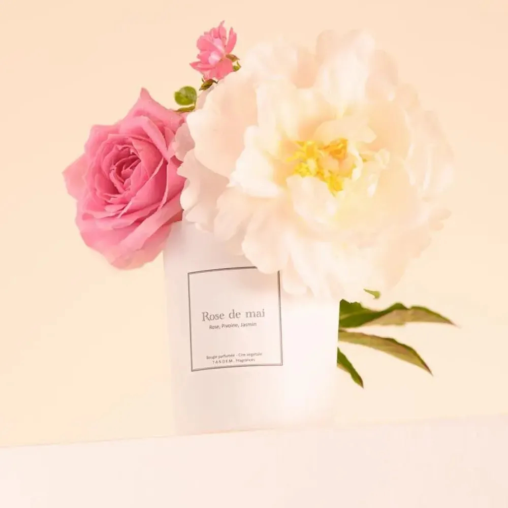 Bougies - Bougie Rose de mai verre blanc 180g - Cire 100% végétale - TANDEM FRAGRANCES