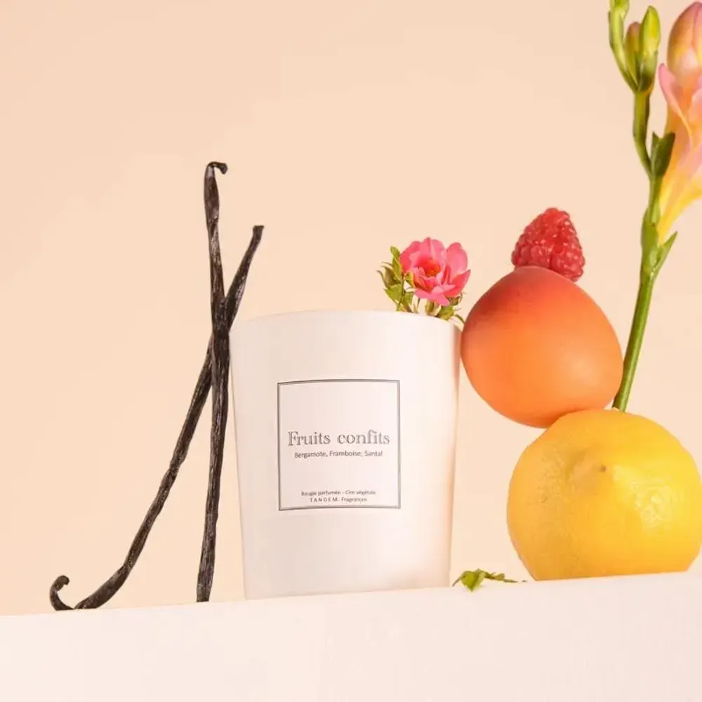 Bougies - Bougie Fruits confits verre blanc 180g - Cire 100% végétale - TANDEM FRAGRANCES