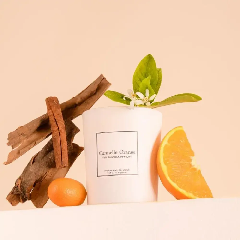 Candles - Orange cinnamon scented candle white glass - TANDEM FRAGRANCES