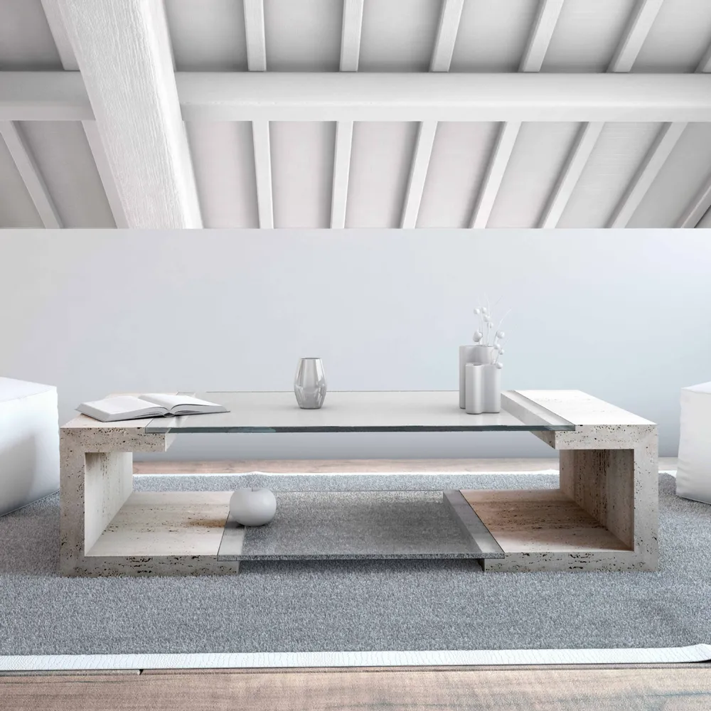 Coffee tables - MANILA Coffee Table in Natural Travertine Marble and Glass - MEDDEL