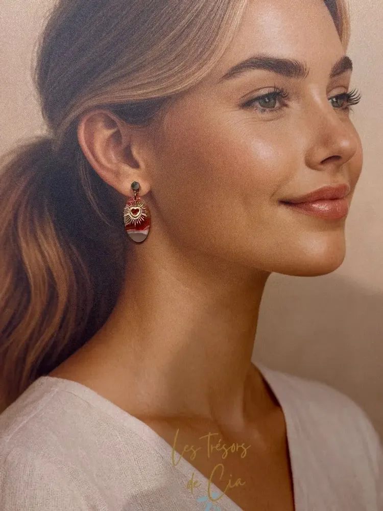 Bijoux - Boucles d'oreilles Cœur Solaire — Rouge Passion & Doré - LES TRÉSORS DE CIA