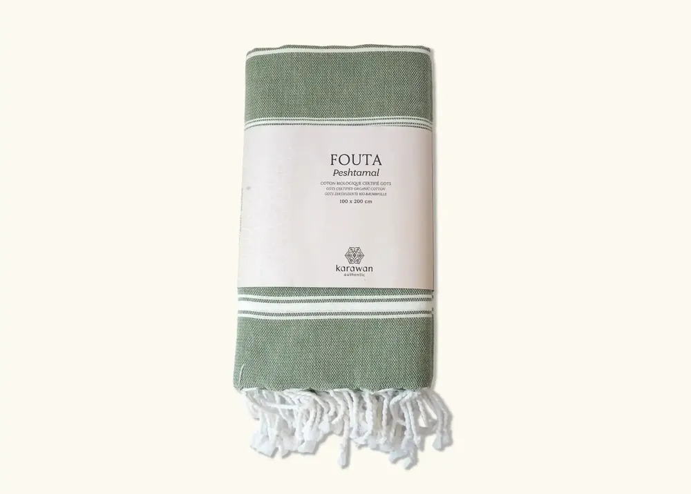 Bath towels - ORGANIC COTTON FOUTA - HAMMAM Collection - FIR GREEN COLOR - KARAWAN AUTHENTIC