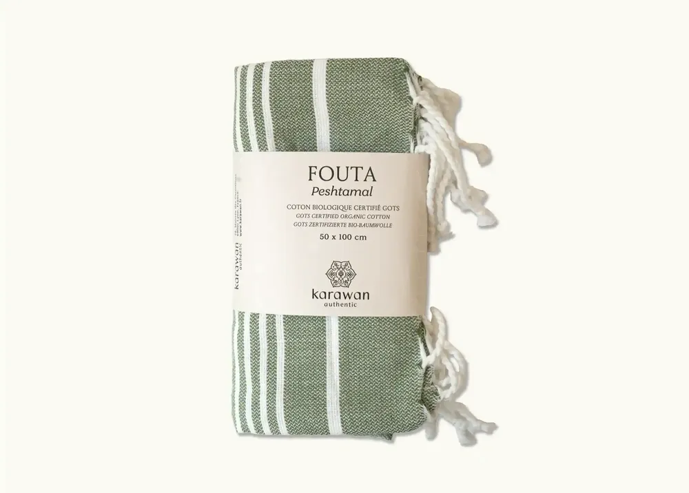 Bath towels - ORGANIC COTTON FOUTA - HAMMAM Collection - FIR GREEN COLOR - KARAWAN AUTHENTIC