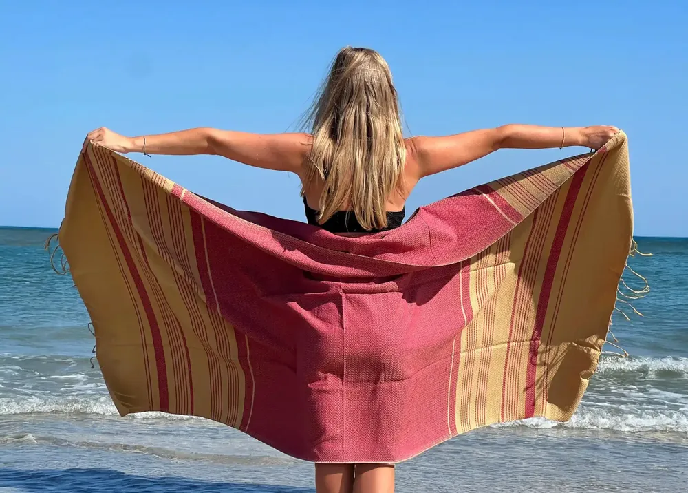 Bath towels - ORGANIC COTTON FOUTA - SAND Collection - SAND COLOR & RED OCHRE - KARAWAN AUTHENTIC