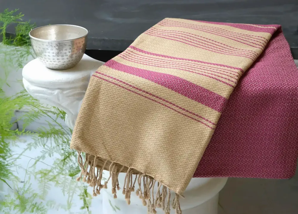 Bath towels - ORGANIC COTTON FOUTA - SAND Collection - SAND COLOR & RED OCHRE - KARAWAN AUTHENTIC