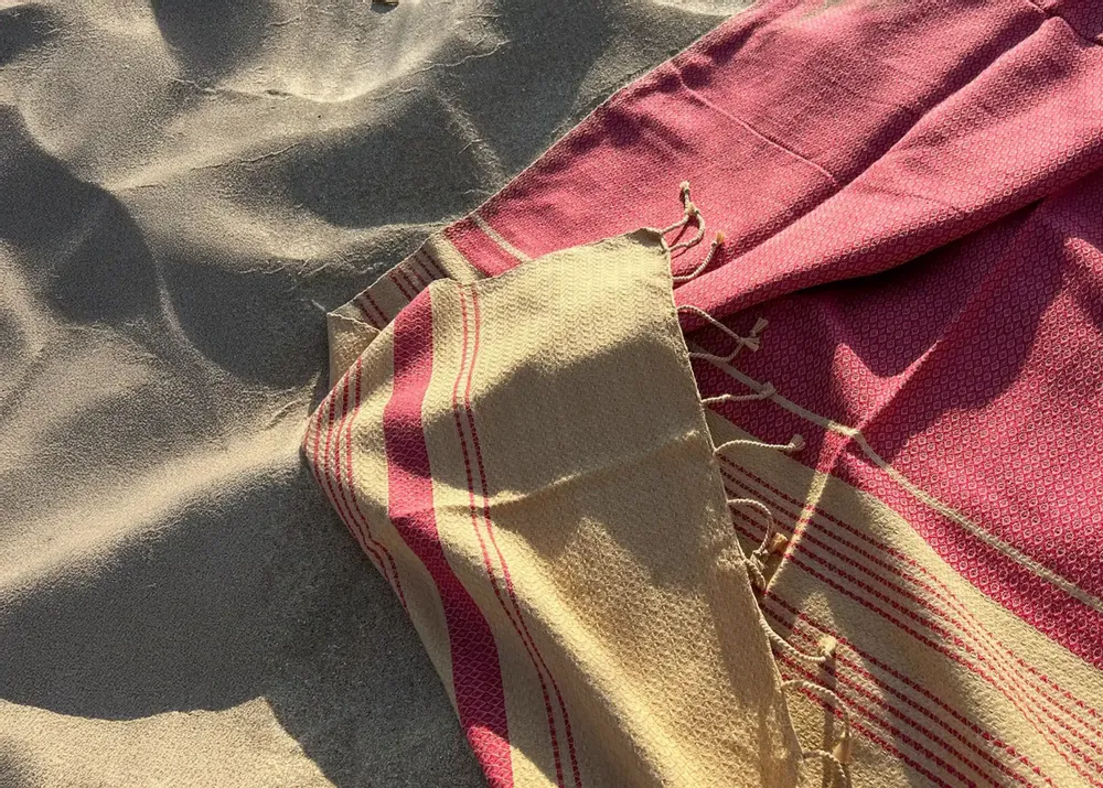 Bath towels - ORGANIC COTTON FOUTA - SAND Collection - SAND COLOR & RED OCHRE - KARAWAN AUTHENTIC