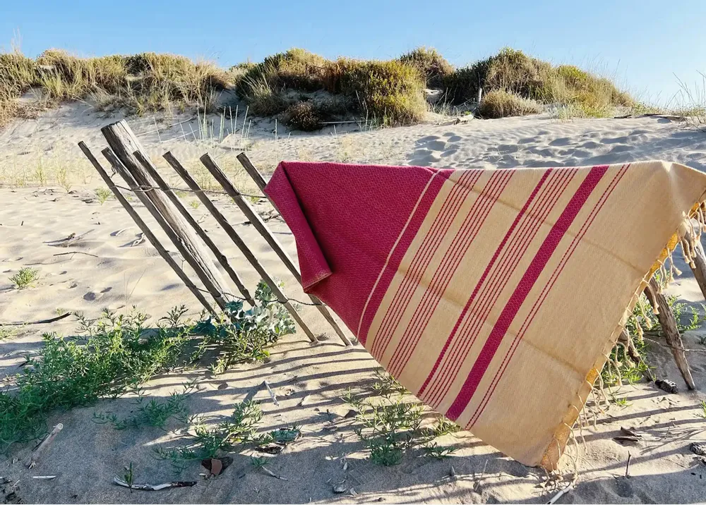 Bath towels - ORGANIC COTTON FOUTA - SAND Collection - SAND COLOR & RED OCHRE - KARAWAN AUTHENTIC