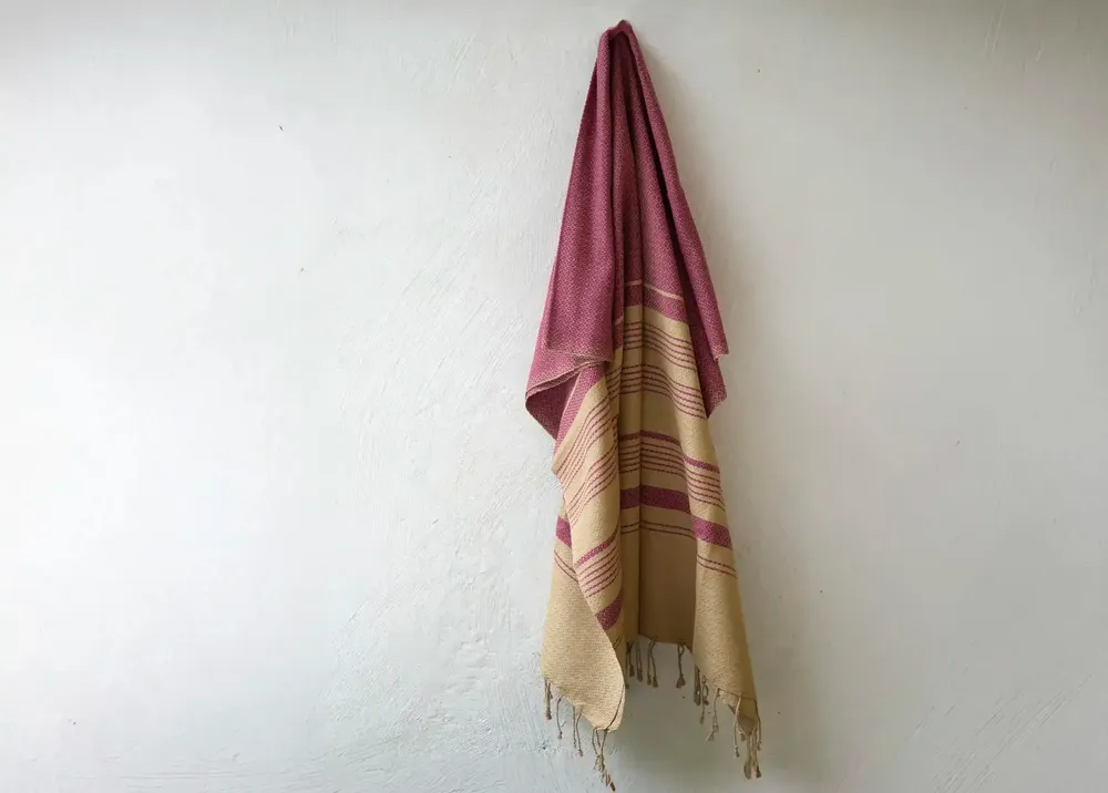 Bath towels - ORGANIC COTTON FOUTA - SAND Collection - SAND COLOR & RED OCHRE - KARAWAN AUTHENTIC