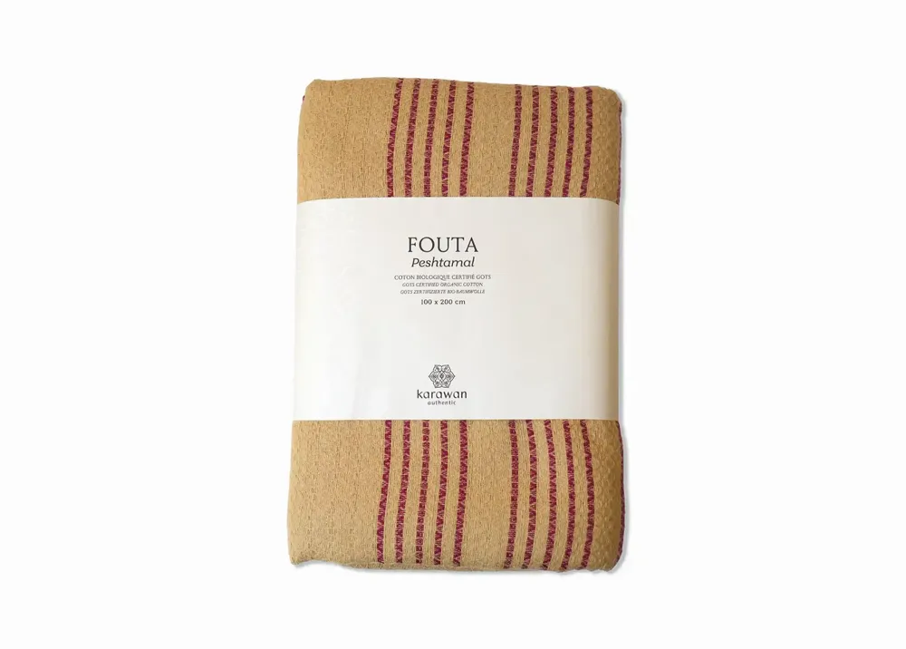 Bath towels - ORGANIC COTTON FOUTA - SAND Collection - SAND COLOR & RED OCHRE - KARAWAN AUTHENTIC