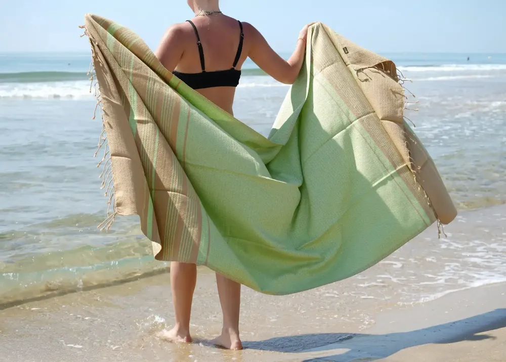 Bath towels - ORGANIC COTTON FOUTA - SAND Collection - SAND & PISTACHIO Color - KARAWAN AUTHENTIC