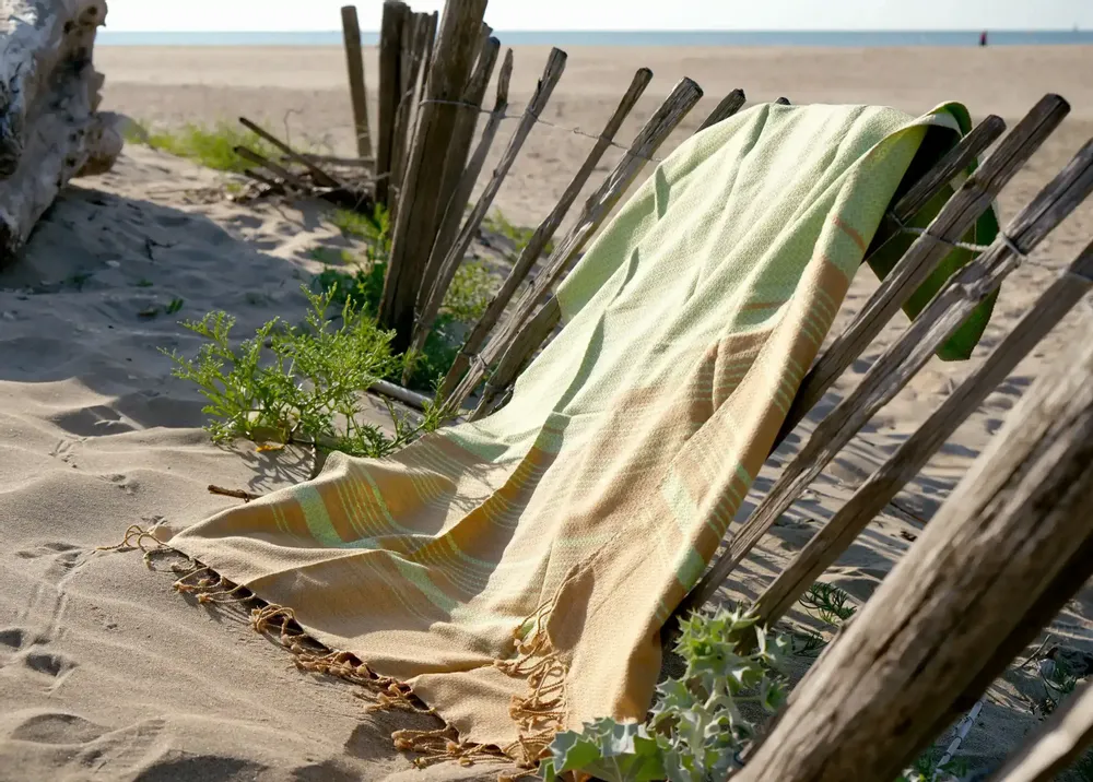 Bath towels - ORGANIC COTTON FOUTA - SAND Collection - SAND & PISTACHIO Color - KARAWAN AUTHENTIC