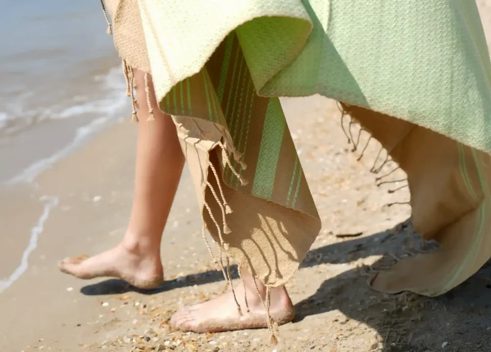 Bath towels - ORGANIC COTTON FOUTA - SAND Collection - SAND & PISTACHIO Color - KARAWAN AUTHENTIC