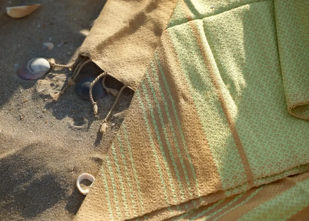 Bath towels - ORGANIC COTTON FOUTA - SAND Collection - SAND & PISTACHIO Color - KARAWAN AUTHENTIC
