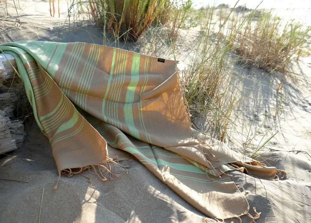 Bath towels - ORGANIC COTTON FOUTA - SAND Collection - SAND & PISTACHIO Color - KARAWAN AUTHENTIC