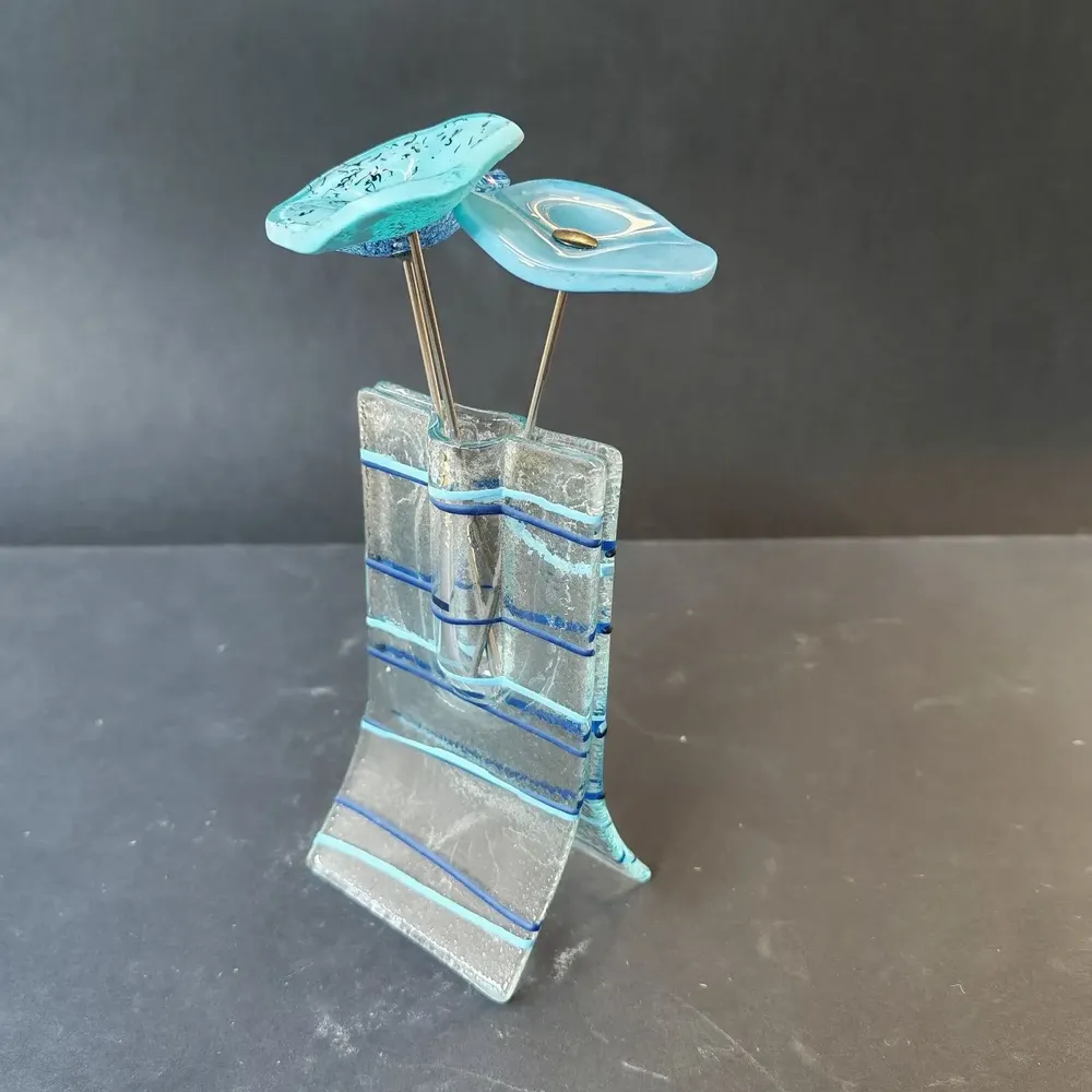 Vases - Petit vase transparent de 8x13 cm à rayures bleu-blanc clair et orné d - CARNEOL GLASS