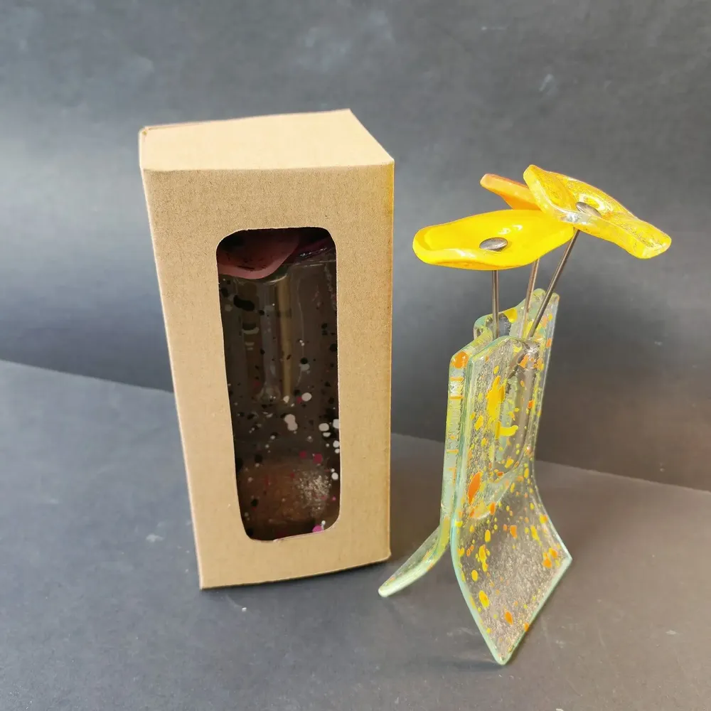 Vases - Small transparent 8x13 cm yellow-orange spotty vase with 3 small flowers - CARNEOL GLASS